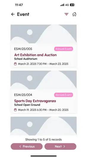 Spark-Ed mobile app school events screen