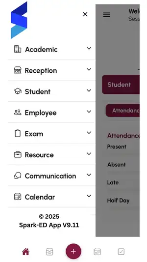Spark-Ed mobile app navigation menu with school modules
